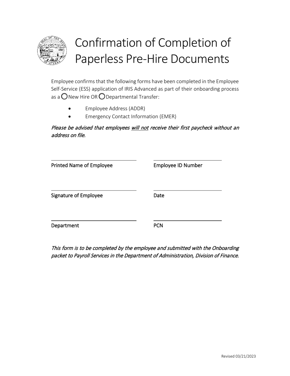 Confirmation of Completion of Paperless Pre-hire Documents - Alaska, Page 1