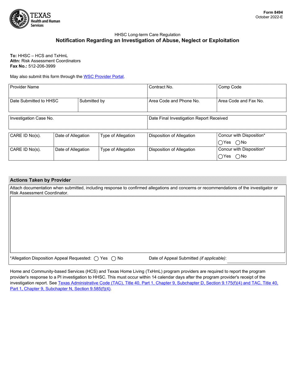 Form 8494 Notification Regarding an Investigation of Abuse, Neglect or Exploitation - Texas, Page 1