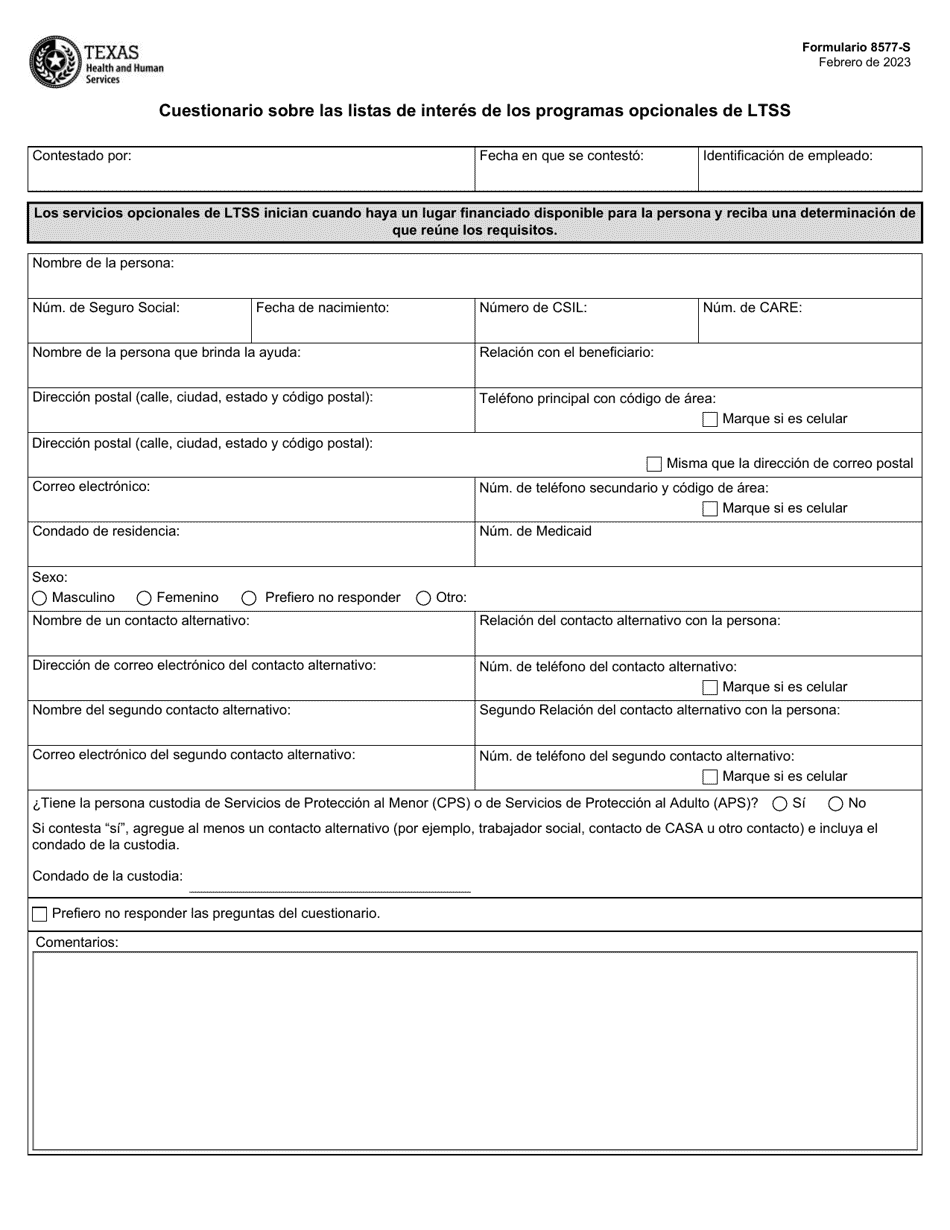 Formulario 8577-S Cuestionario Sobre Las Listas De Interes De Los Programas Opcionales De Ltss - Texas (Spanish), Page 1