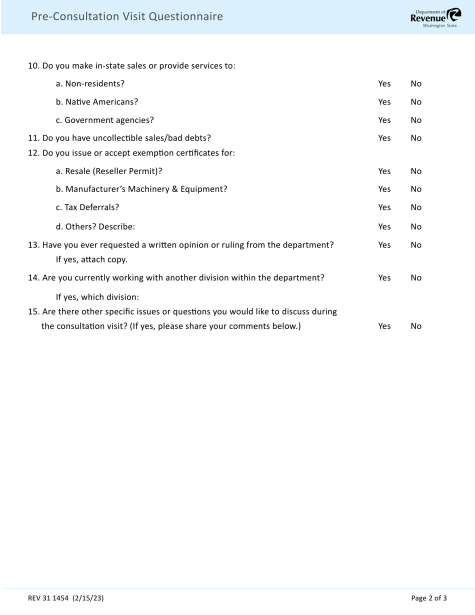 Form REV31 1454 Pre-consultation Visit Questionnaire - Washington, Page 2