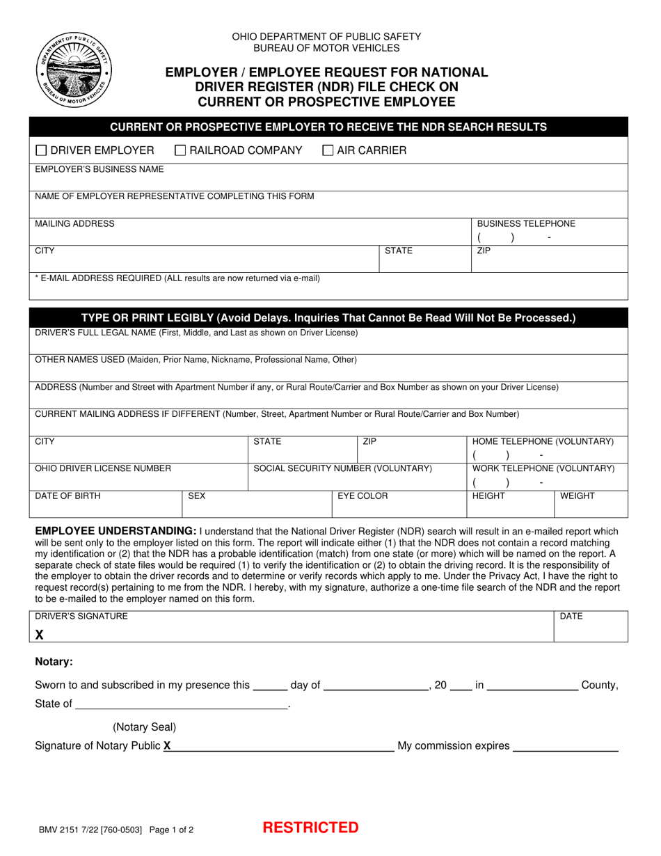 Form BMV2151 Employer / Employee Request for National Driver Register (Ndr) File Check on Current or Prospective Employee - Ohio, Page 1