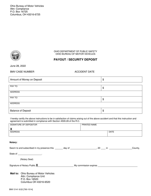 Form BMV3141 Payout/Security Deposit - Ohio