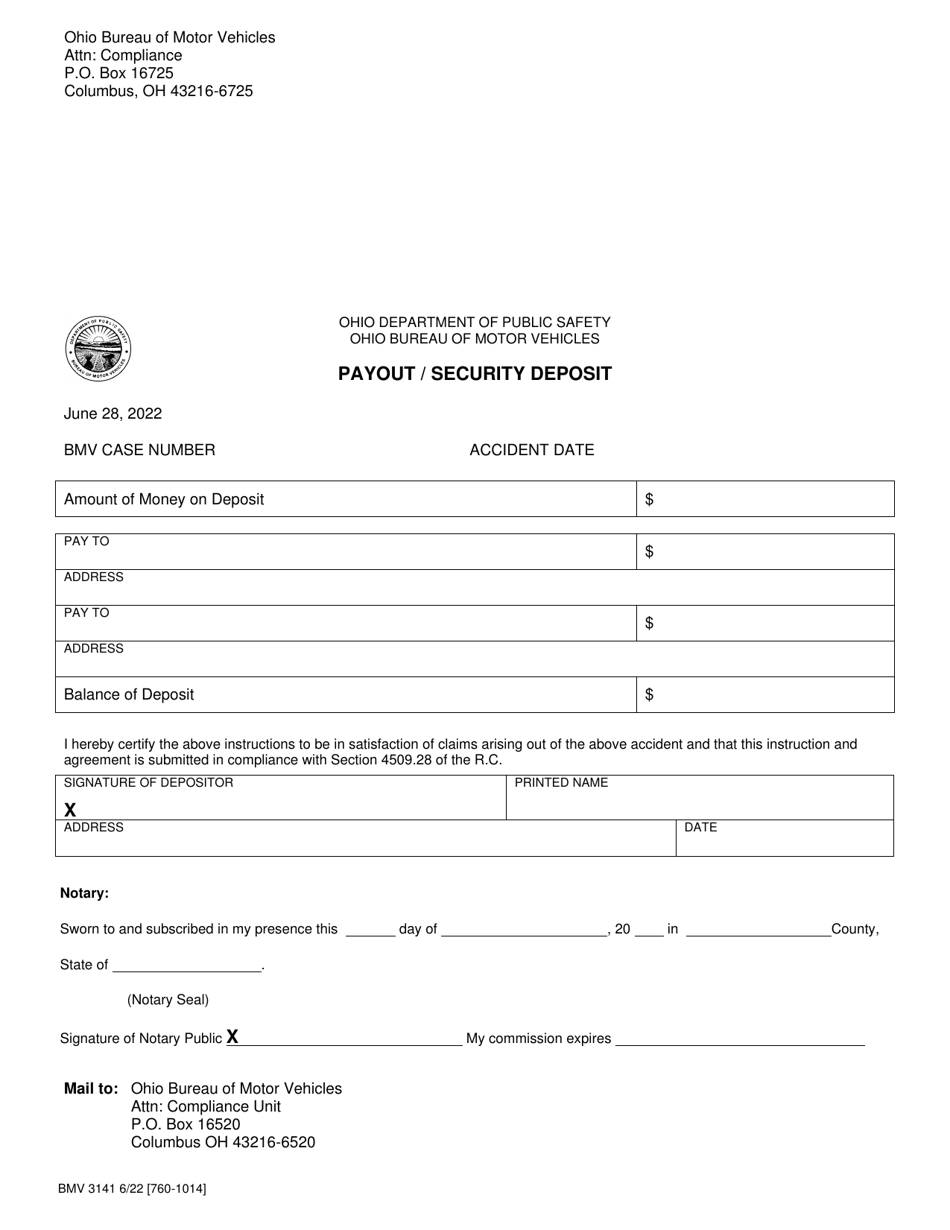 Form BMV3141 Payout / Security Deposit - Ohio, Page 1