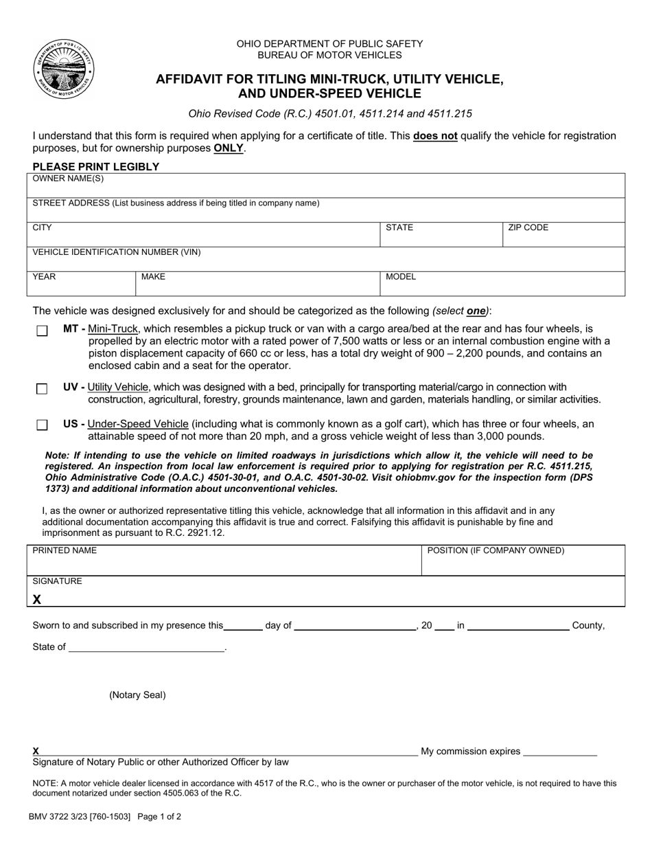 Form BMV3722 Affidavit for Titling Mini-Truck, Utility Vehicle, and Under-Speed Vehicle - Ohio, Page 1