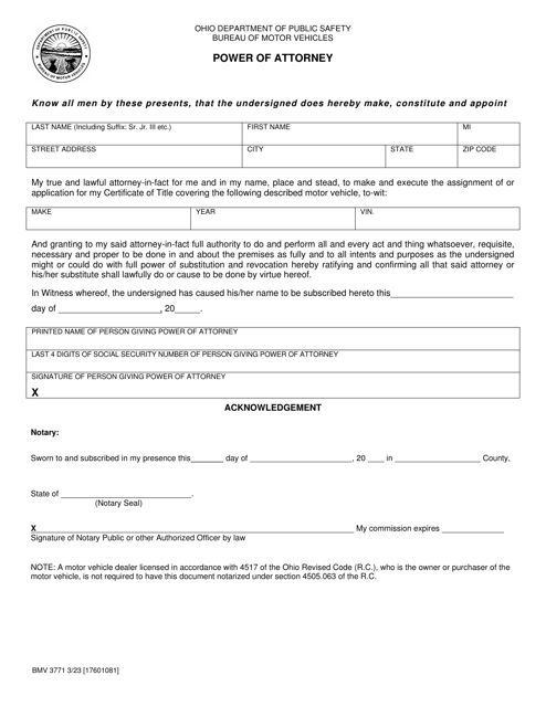 Form BMV3771 Power of Attorney for Certificate of Title - Ohio