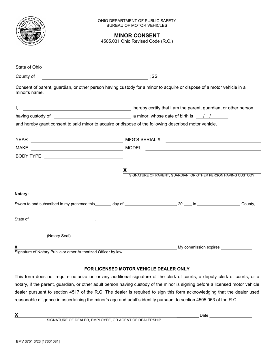 Form BMV3751 Download Printable PDF or Fill Online Minor Consent, Ohio