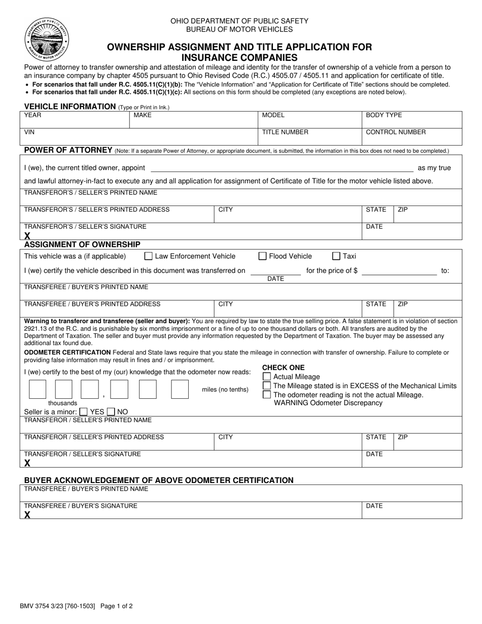 Form BMV3754 - Fill Out, Sign Online and Download Printable PDF, Ohio ...