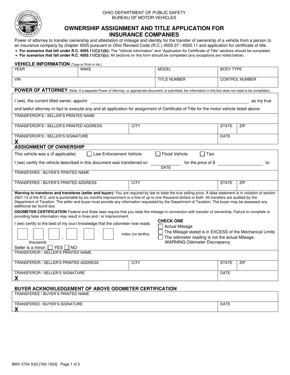 Form BMV3754 Ownership Assignment and Title Application for Insurance Companies - Ohio, Page 1