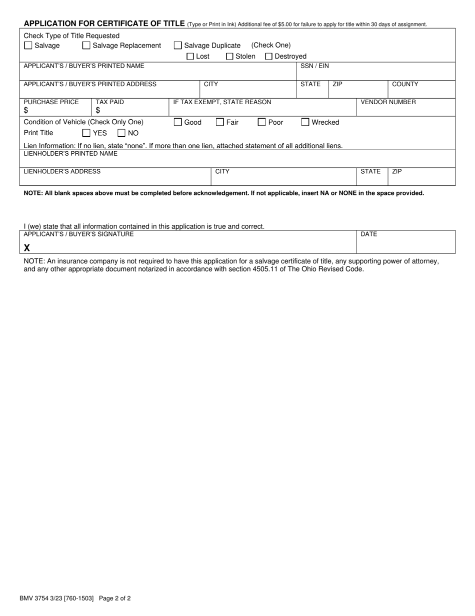 Form BMV3754 Ownership Assignment and Title Application for Insurance Companies - Ohio, Page 2