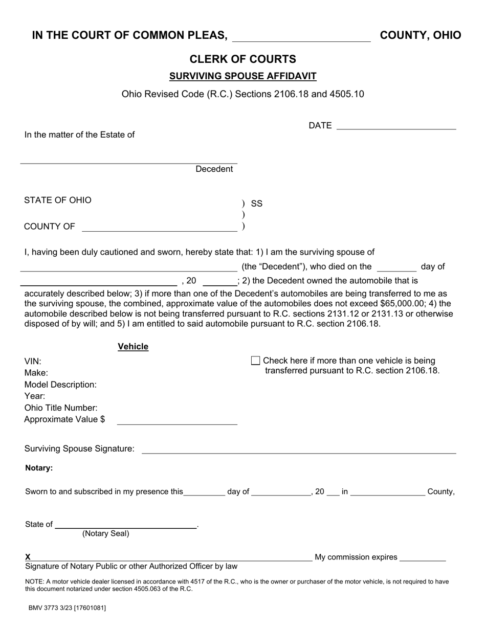 Form BMV3773 Surviving Spouse Affidavit - Ohio, Page 1