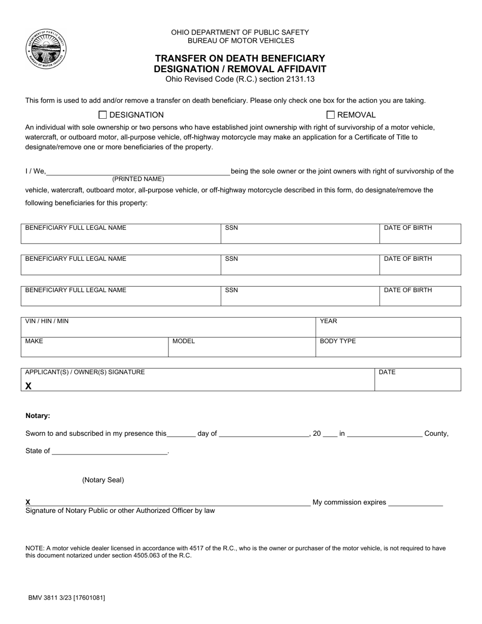 Form BMV3811 Transfer on Death Beneficiary Designation / Removal Affidavit - Ohio, Page 1