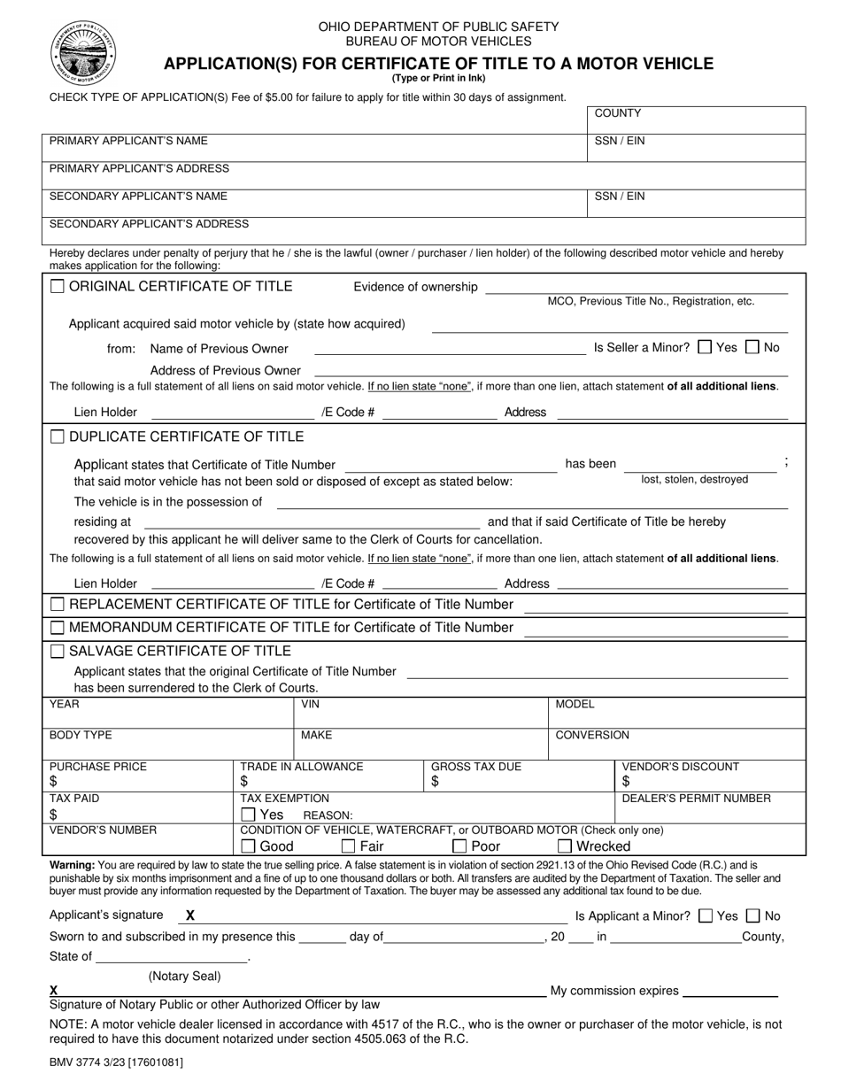 Form BMV3774 Application(S) for Certificate of Title to a Motor Vehicle - Ohio, Page 1