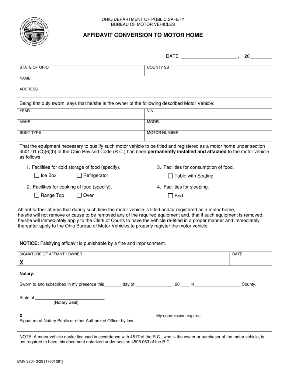 Form BMV3804 Affidavit Conversion to Motor Home - Ohio, Page 1