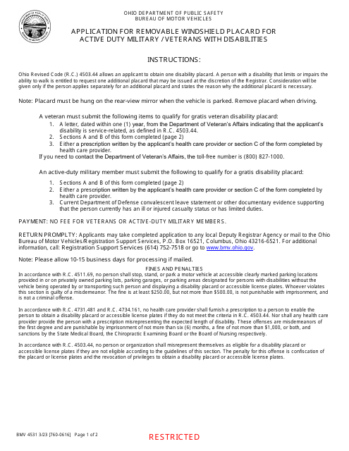 Form BMV4531  Printable Pdf