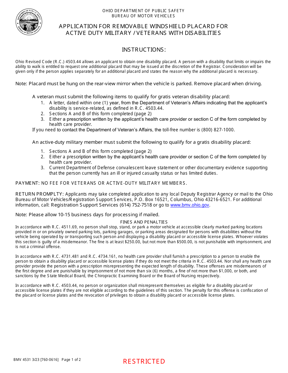 Form BMV4531 Application for Removable Windshield Placard for Active Duty Military / Veterans With Disabilities - Ohio, Page 1