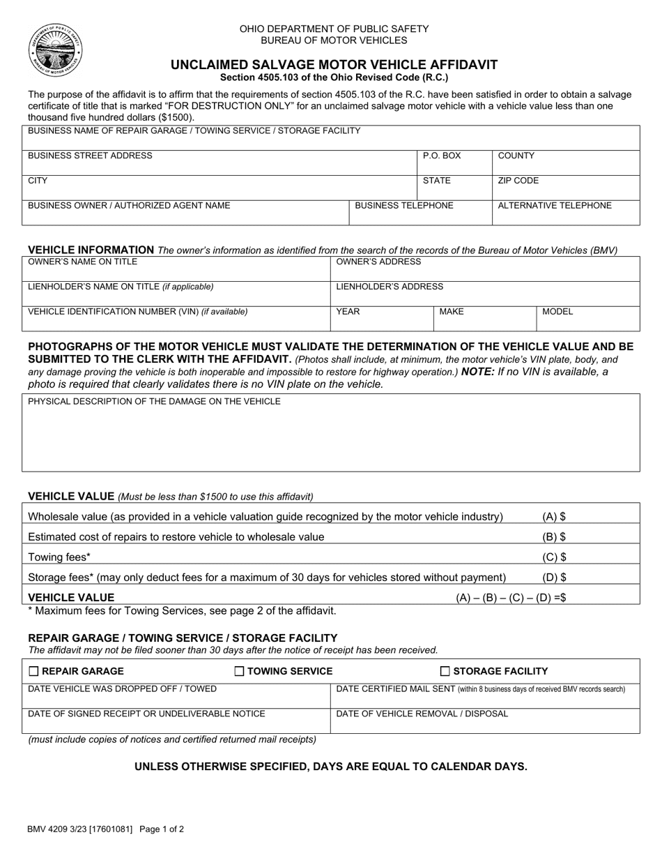 Form BMV4209 Unclaimed Salvage Motor Vehicle Affidavit - Ohio, Page 1