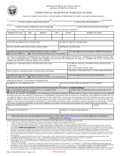 Formulario BMV5738 Poder Para El Registro De Vehiculos En Ohio - Ohio (Spanish)