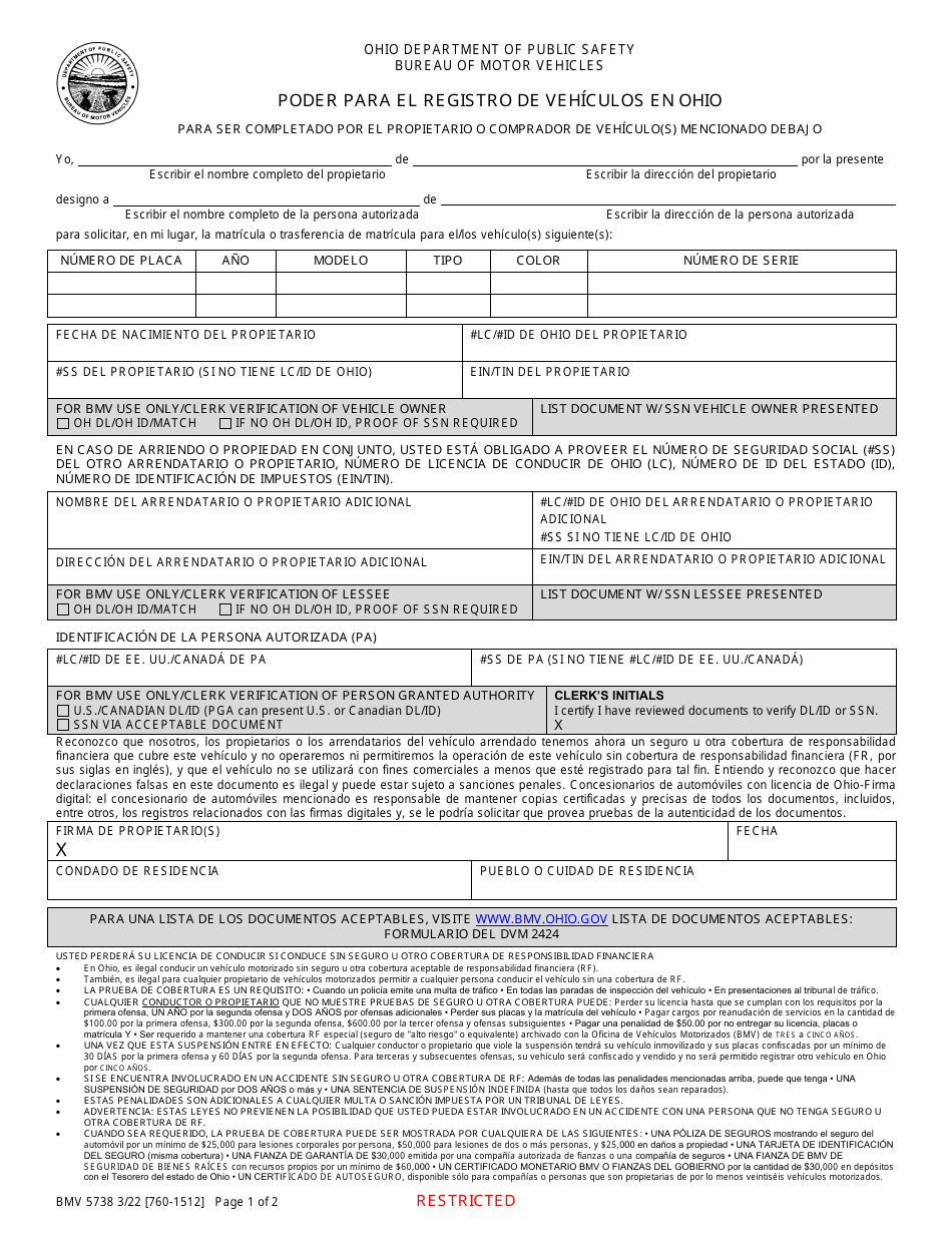 Formulario BMV5738 Poder Para El Registro De Vehiculos En Ohio - Ohio (Spanish), Page 1