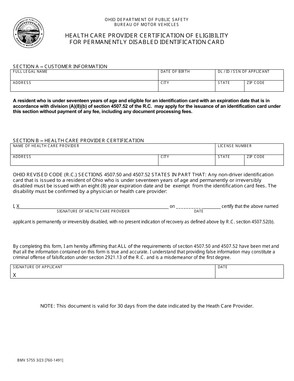 Form BMV5755 Health Care Provider Certification of Eligibility for Permanently Disabled Id Card - Ohio, Page 1