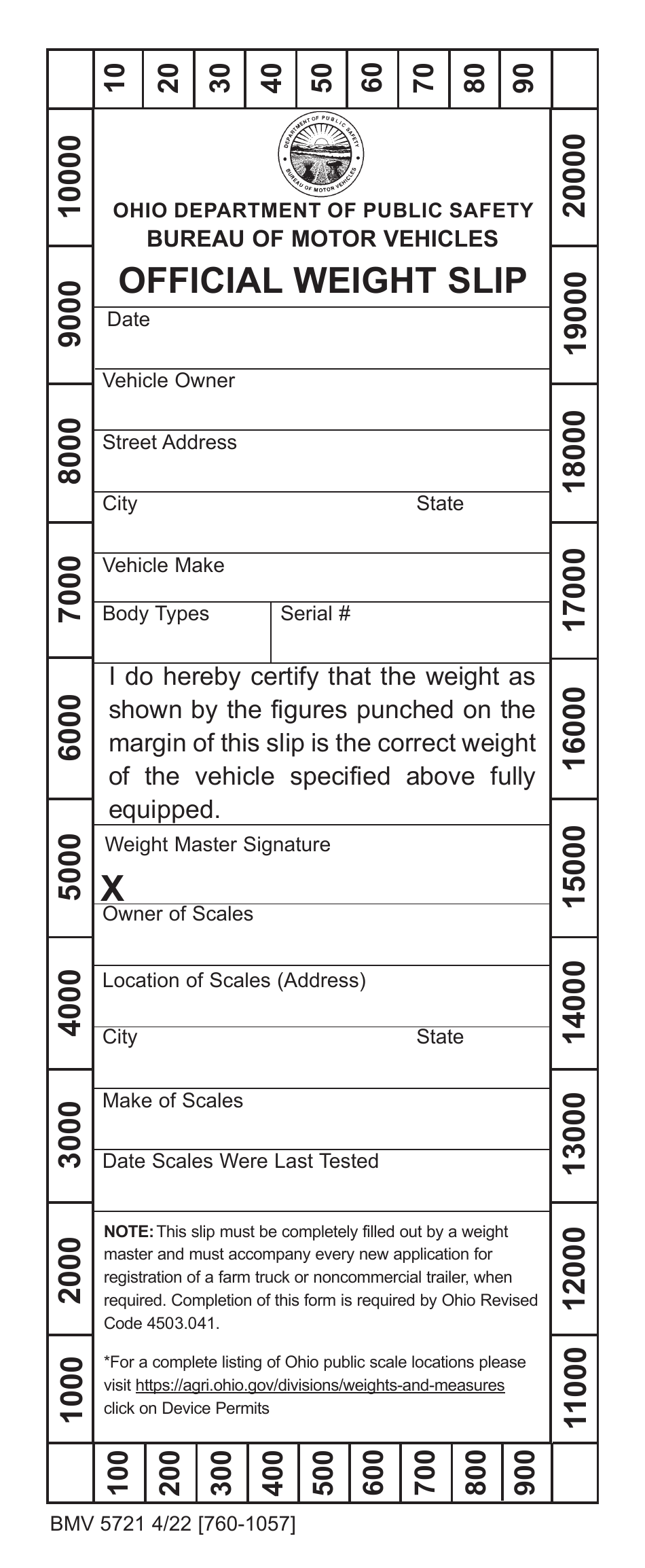 Form BMV5721 Official Weight Slip - Ohio, Page 1