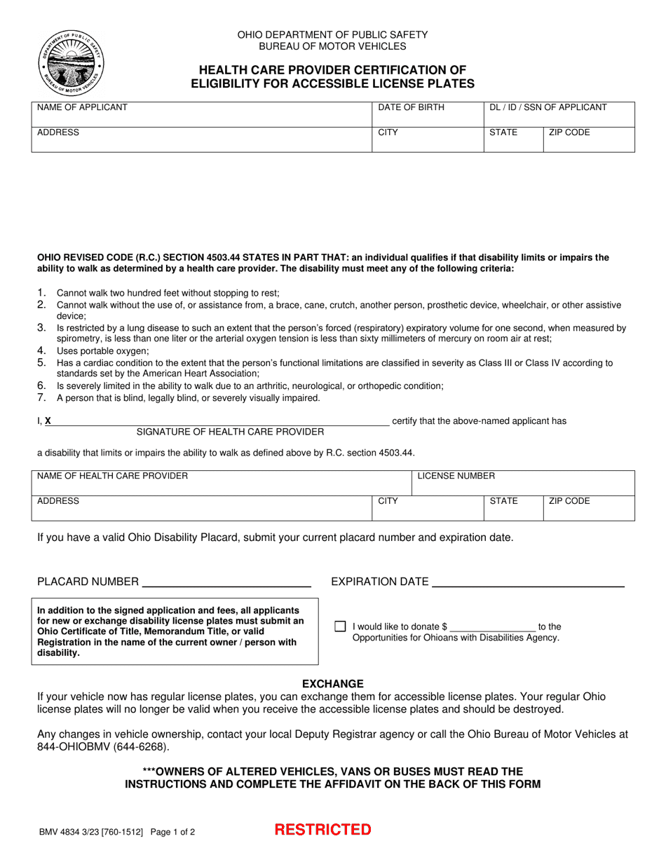 Form BMV4834 Health Care Provider Certification of Eligibility for Accessible License Plates - Ohio, Page 1
