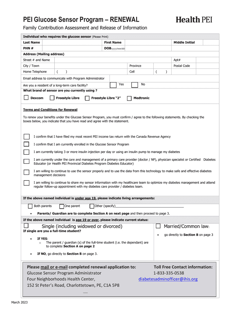 Glucose Sensor Program Renewal Form - Prince Edward Island, Canada, Page 1