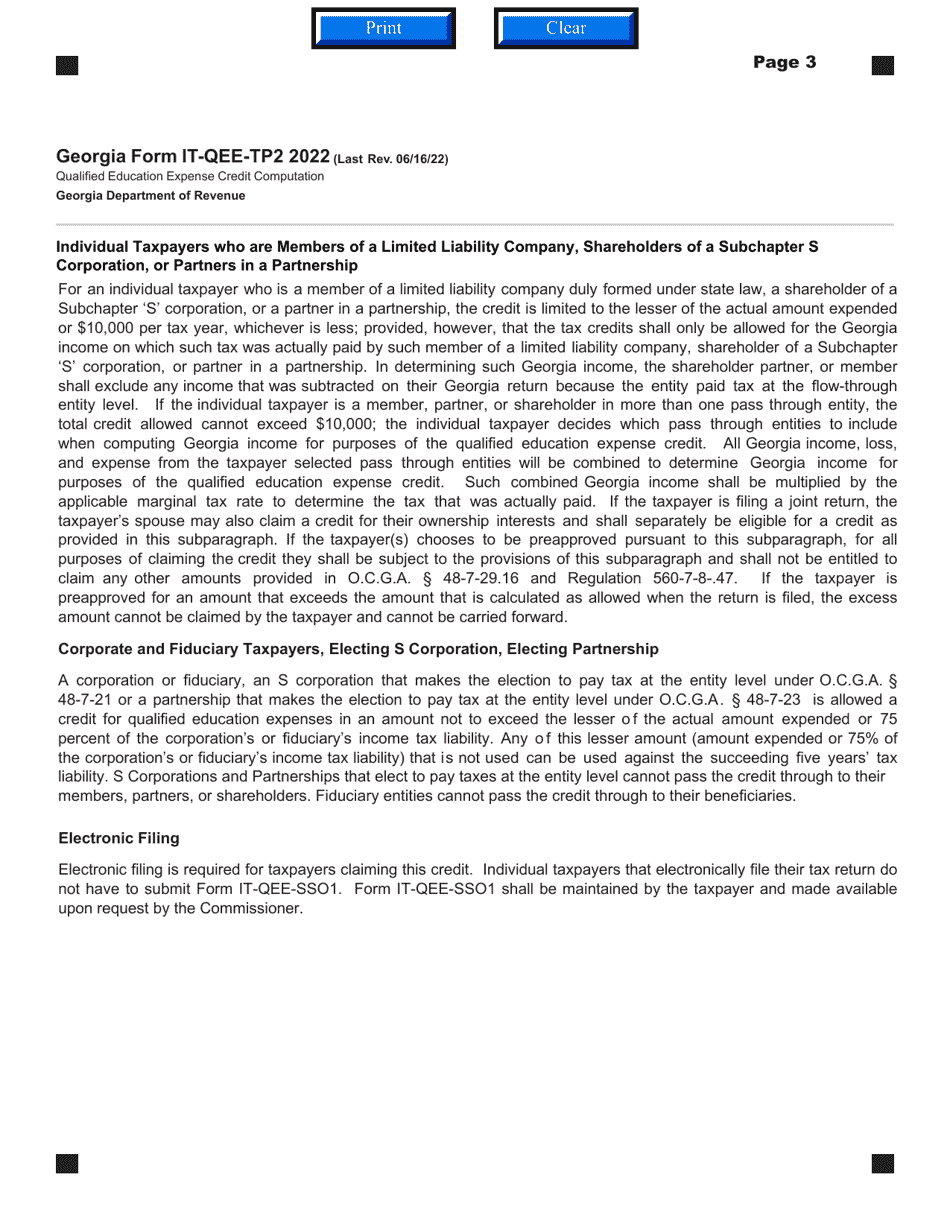 Form IT-QEE-TP2 Qualified Education Expense Credit Computation - Georgia (United States), Page 3