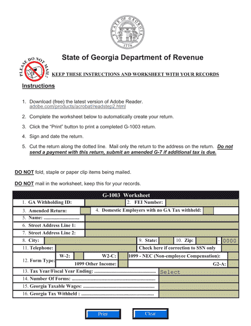 Form G-1003 State of Georgia Department of Revenue - Georgia (United States)