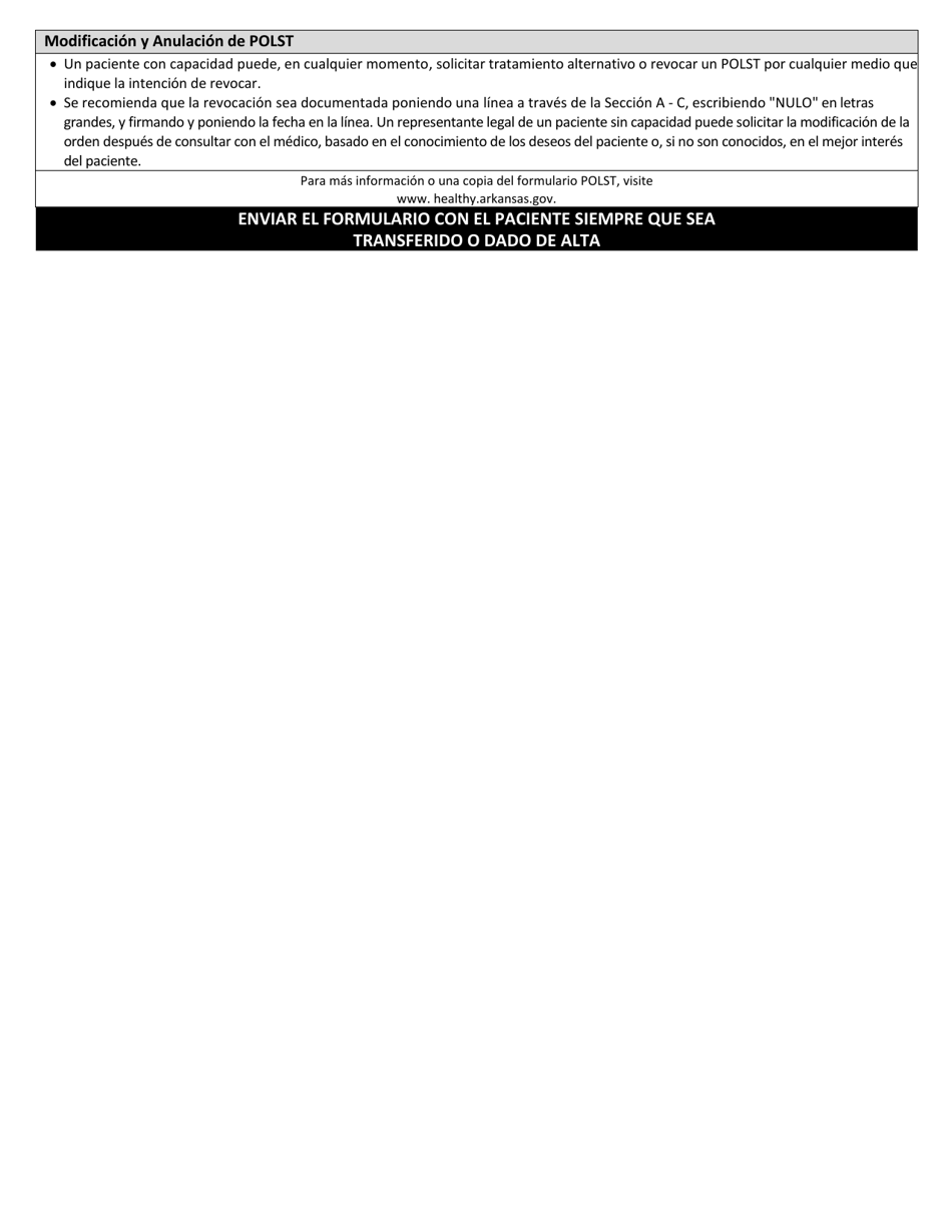 HIPAA Permite La Divulgacion De Polst a Otros Provedores De Atencion Medica Como Sea Necesario - Arkansas (Spanish), Page 2