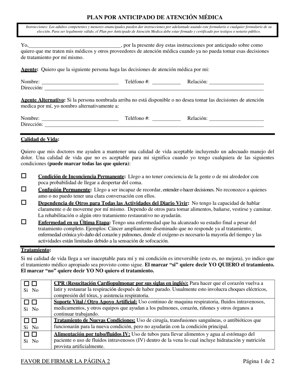 Plan Por Anticipado De Atencion Medica - Arkansas (Spanish), Page 1