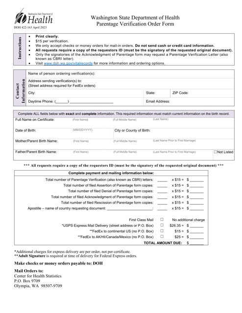 DOH Form 422-163 Parentage Verification Order Form - Washington