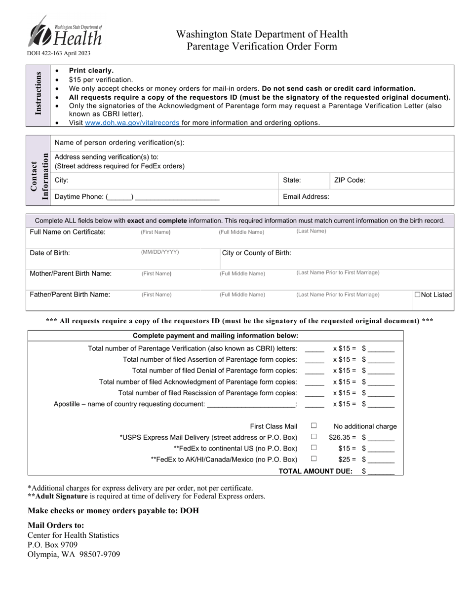 DOH Form 422-163 Parentage Verification Order Form - Washington, Page 1