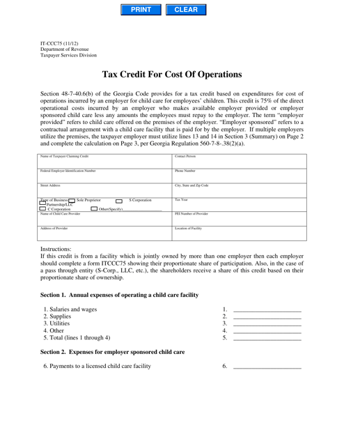 Form IT-CCC75 Tax Credit for Cost of Operations - Georgia (United States)