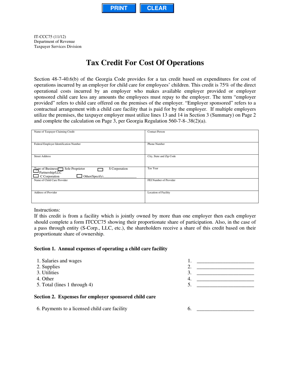 Form IT-CCC75 Tax Credit for Cost of Operations - Georgia (United States), Page 1