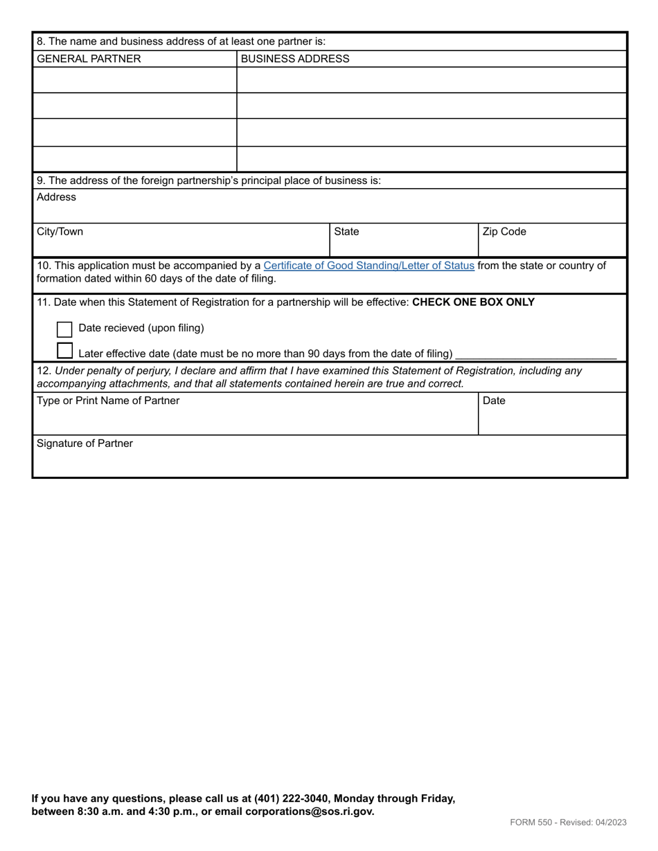 Form 550 Statement of Registration - Foreign Limited Liability Partnership - Rhode Island, Page 4