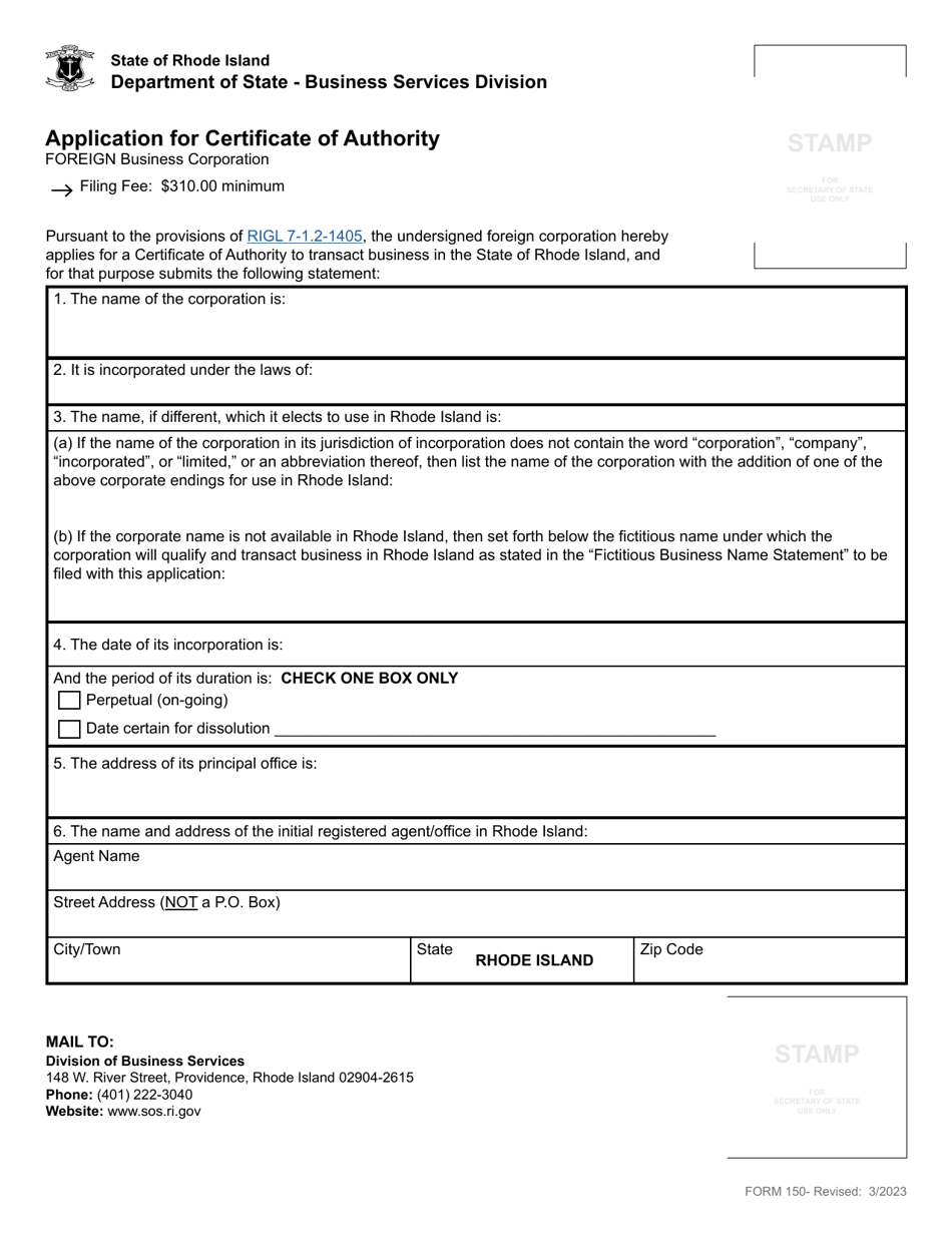 Form 150 Application for Certificate of Authority by a Foreign Business Corporation - Rhode Island, Page 3