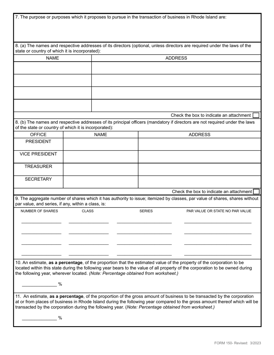 Form 150 Application for Certificate of Authority by a Foreign Business Corporation - Rhode Island, Page 4