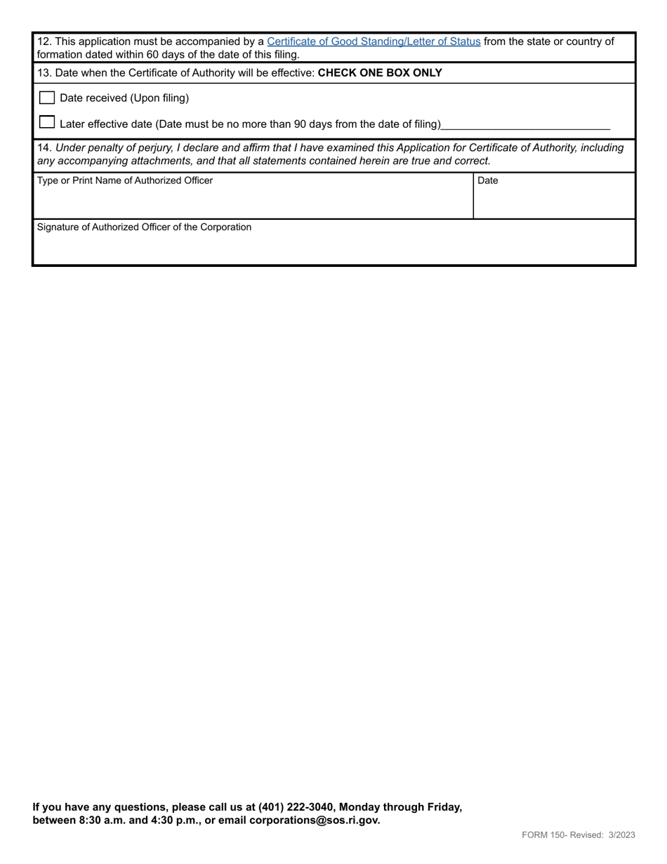 Form 150 Application for Certificate of Authority by a Foreign Business Corporation - Rhode Island, Page 5
