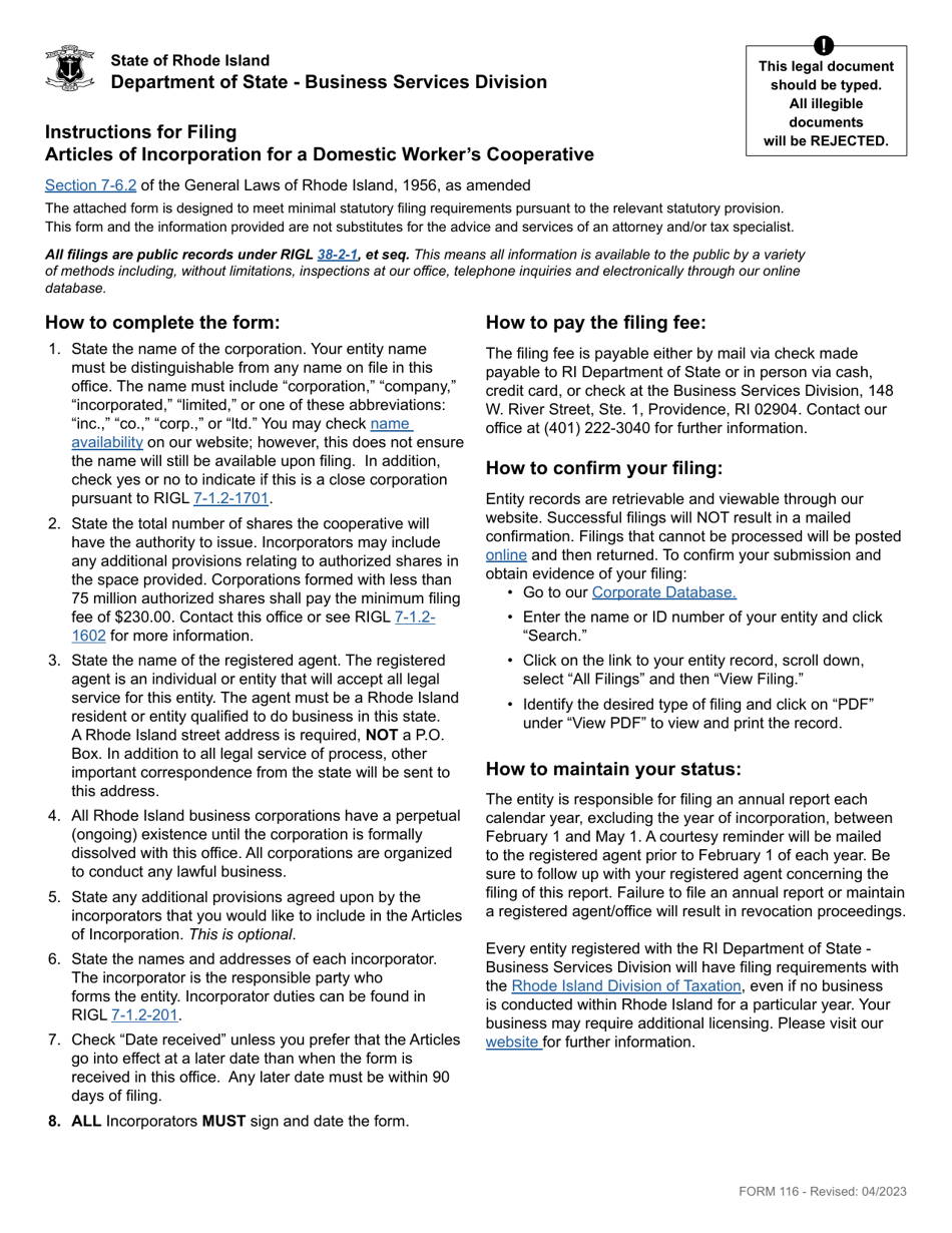 Form 116 Articles of Incorporation for a Domestic Workers Cooperative - Rhode Island, Page 1