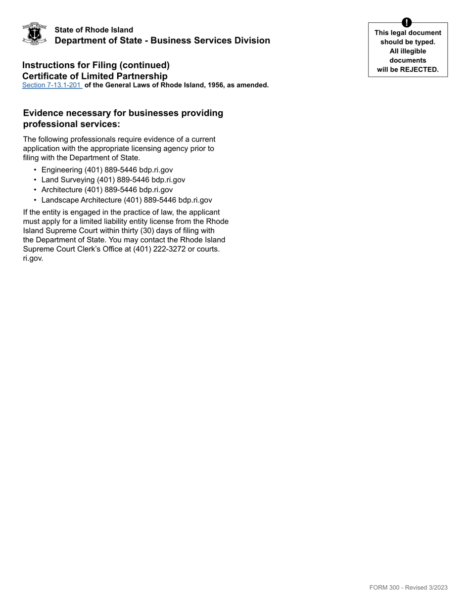 Form 300 Certificate of Limited Partnership - Domestic Limited Partnership - Rhode Island, Page 2