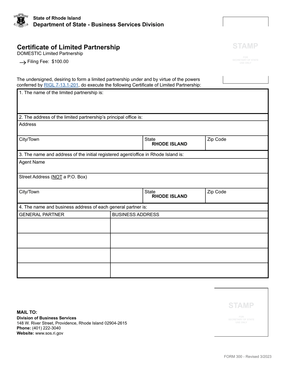 Form 300 Certificate of Limited Partnership - Domestic Limited Partnership - Rhode Island, Page 3