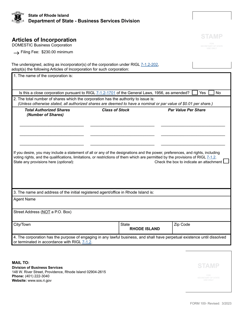 Form 100 Articles of Incorporation for a Domestic Business Corporation - Rhode Island, Page 2