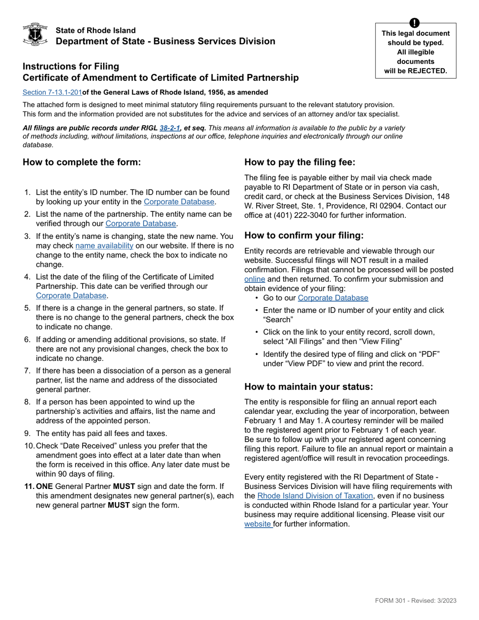 Form 301 Certificate of Amendment to Certificate of Limited Partnership - Rhode Island, Page 1