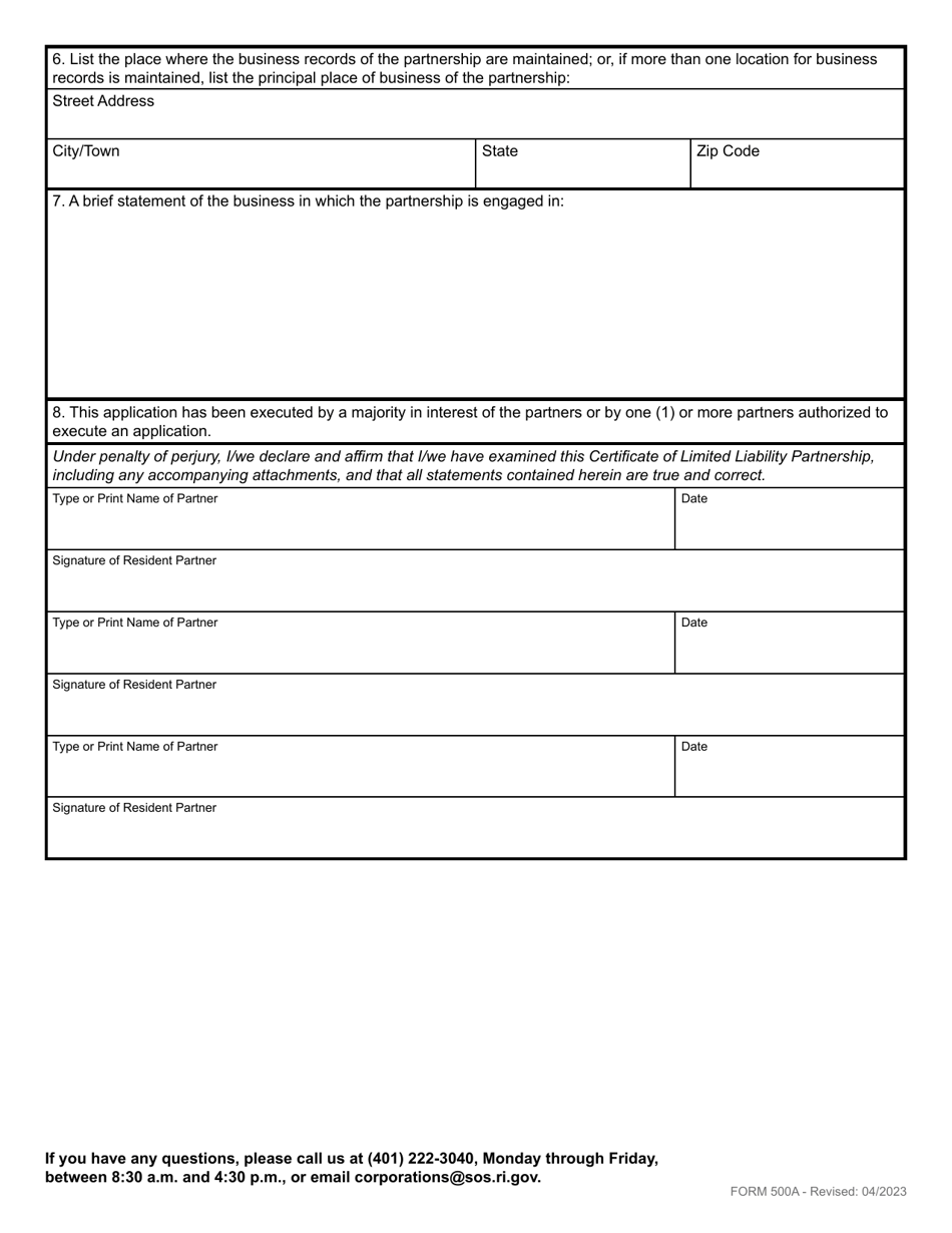 Form 500A Renewal of Registration of Limited Liability Partnership - Domestic Limited Liability Partnership - Rhode Island, Page 3