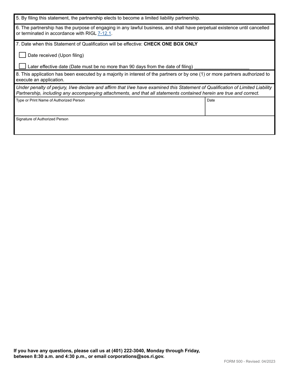 Form 500 Statement of Qualification of Limited Liability Partnership - Domestic Limited Liability Partnership - Rhode Island, Page 3