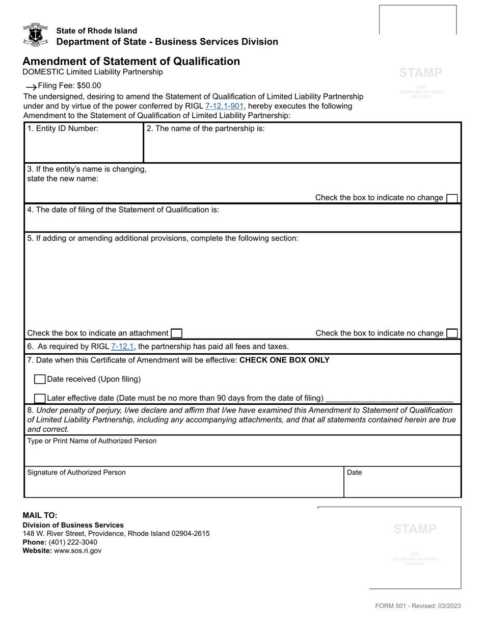 Form 501 Amendment of Statement of Qualification - Domestic Limited Liability Partnership - Rhode Island, Page 2