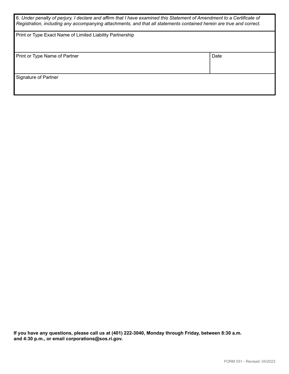 Form 551 Statement of Amendment to a Certificate of Registration - Foreign Limited Liability Partnership - Rhode Island, Page 3
