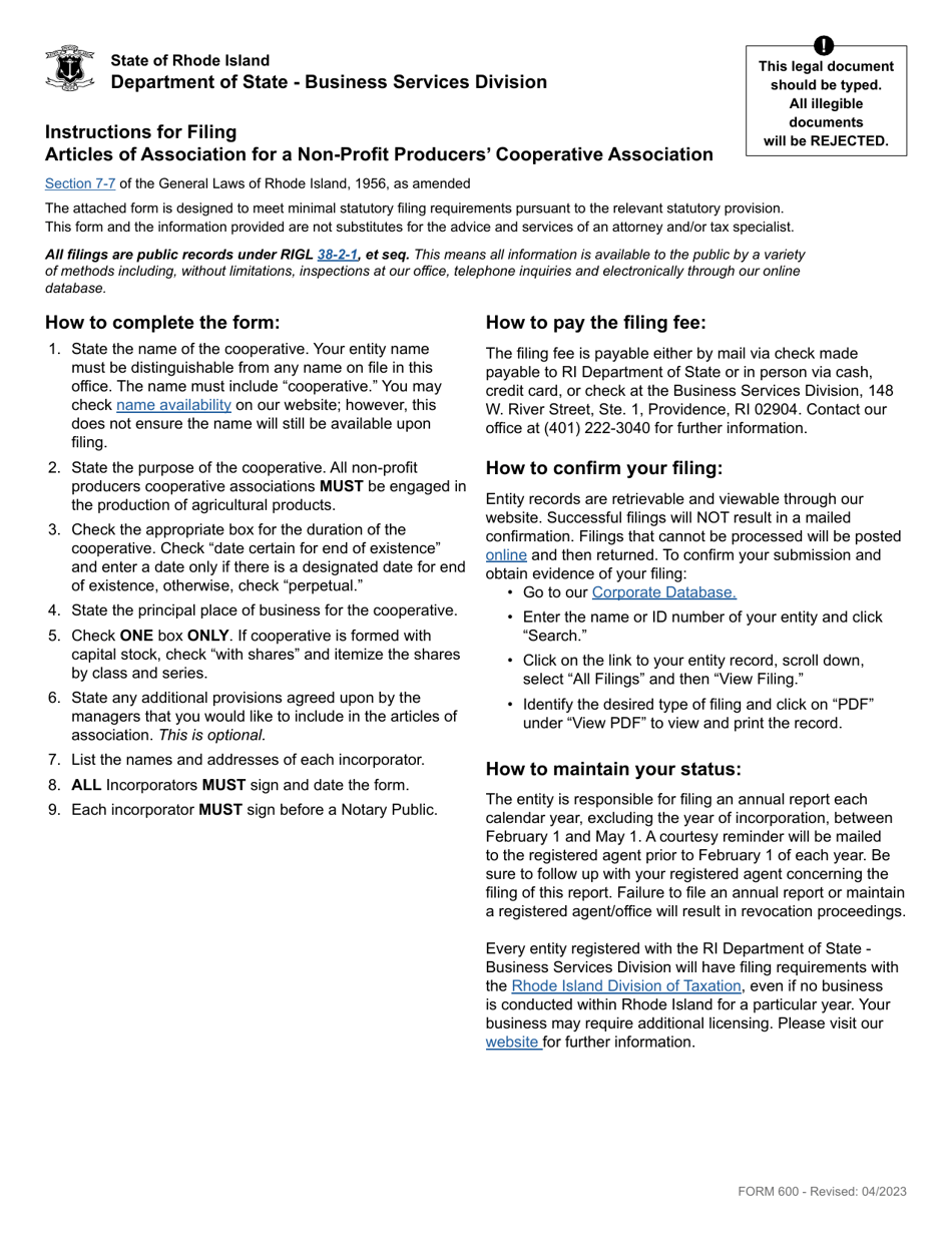 Form 600 Articles of Association - Domestic Non-profit Producers Cooperative Association - Rhode Island, Page 1