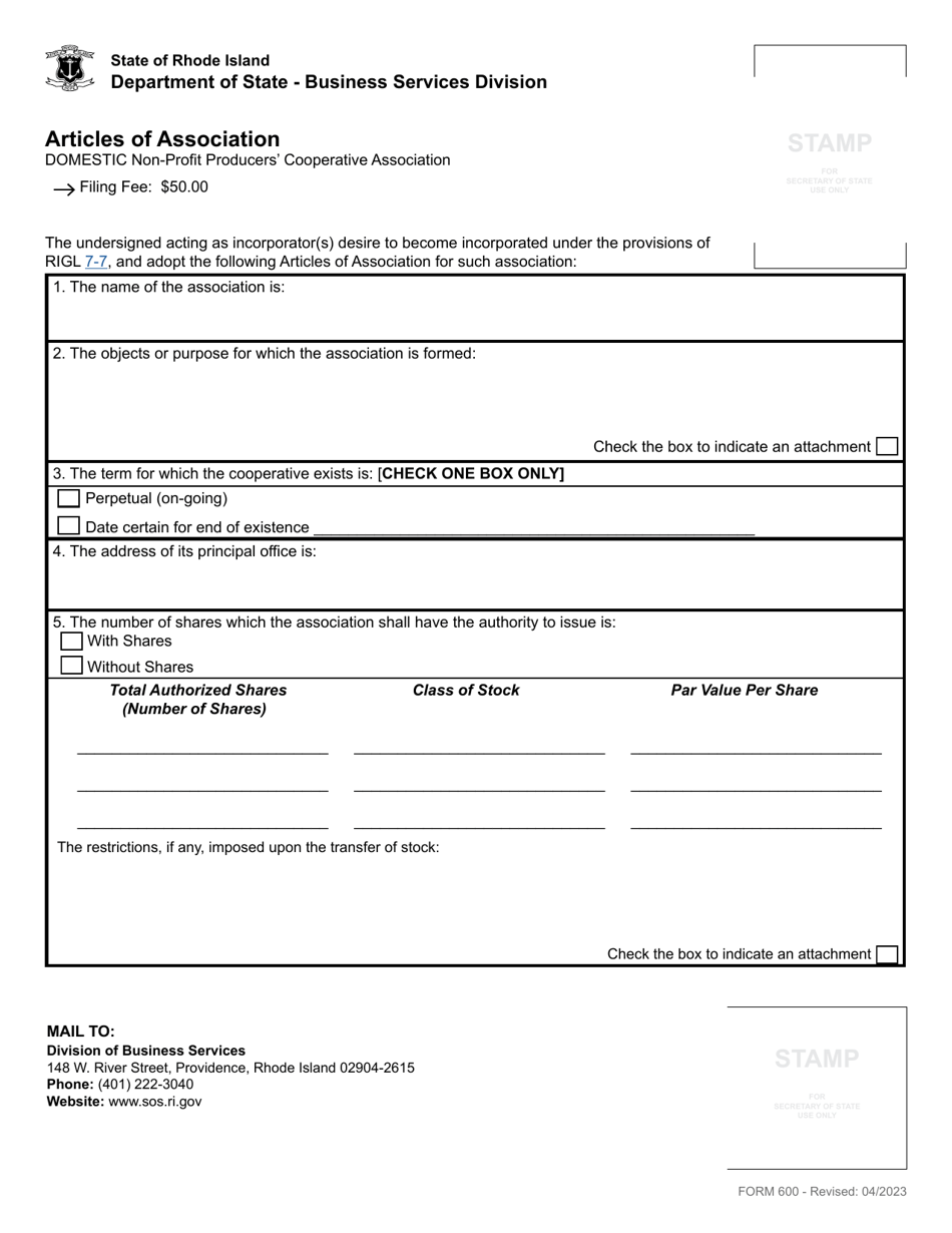 Form 600 Articles of Association - Domestic Non-profit Producers Cooperative Association - Rhode Island, Page 2