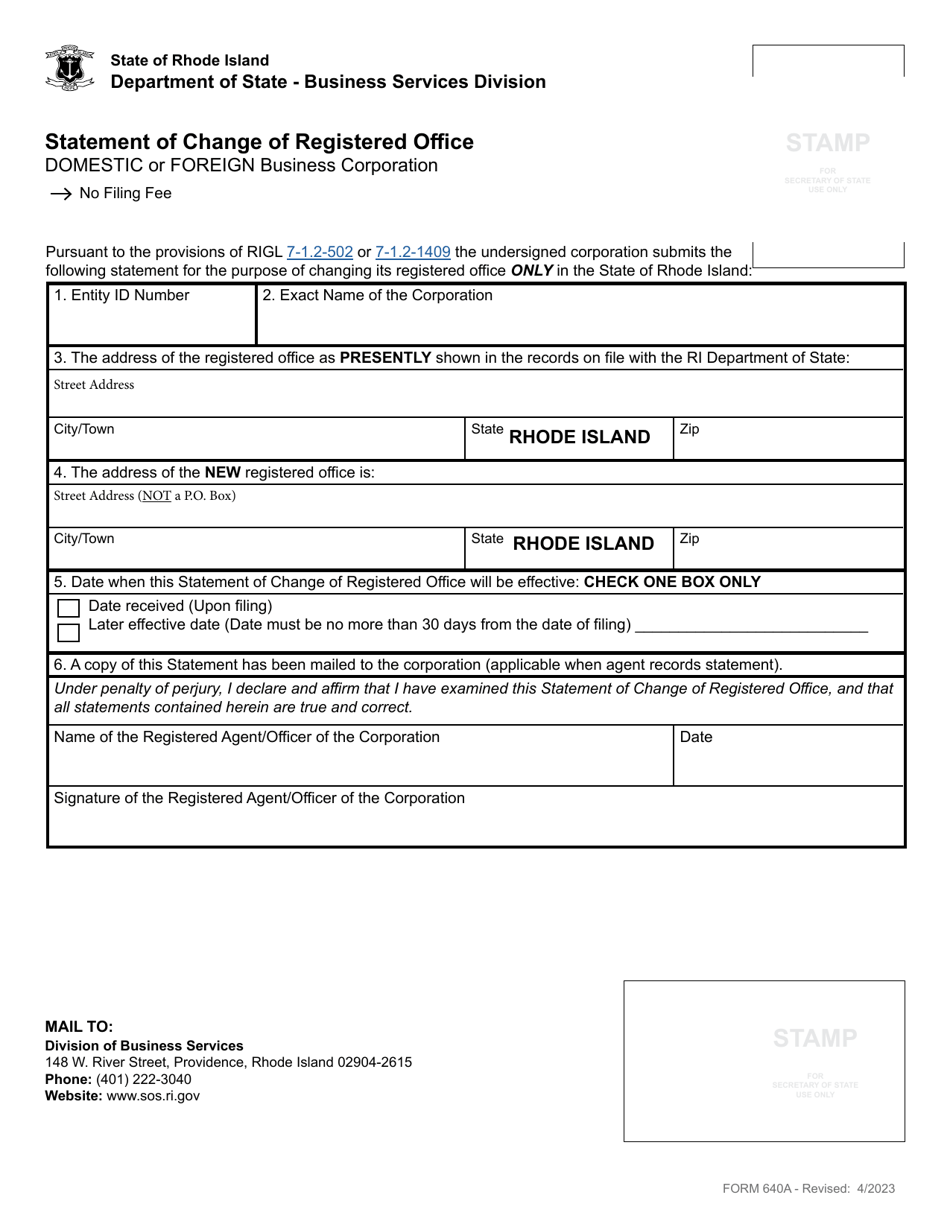 Form 640A Statement of Change of Registered Office - Domestic or Foreign Business Corporation - Rhode Island, Page 2
